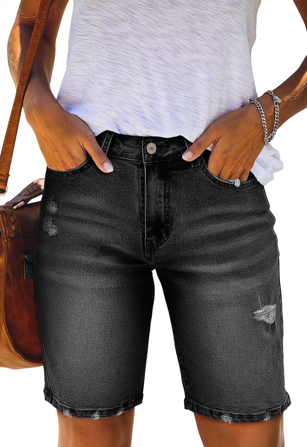 CHICZONE Womens Bermuda Jean Shorts Stretchy Mid Waisted Denim Shorts with Pockets