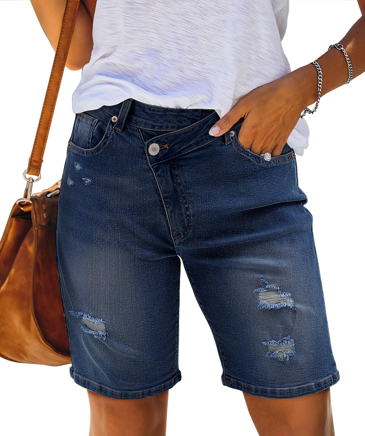 CHICZONE Womens Bermuda Jean Shorts Stretchy Mid Waisted Denim Shorts with Pockets