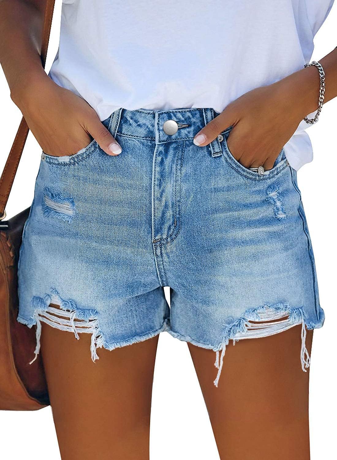 ZOLUCKY Women's Casual Summer Denim Shorts Mid Waisted Stretchy Ripped Jean Shorts with Pockets