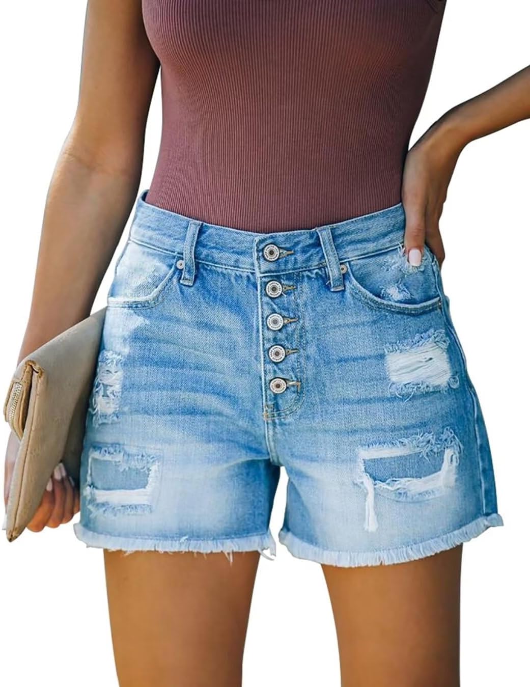 ZOLUCKY Women's Casual Summer Denim Shorts Mid Waisted Stretchy Ripped Jean Shorts with Pockets